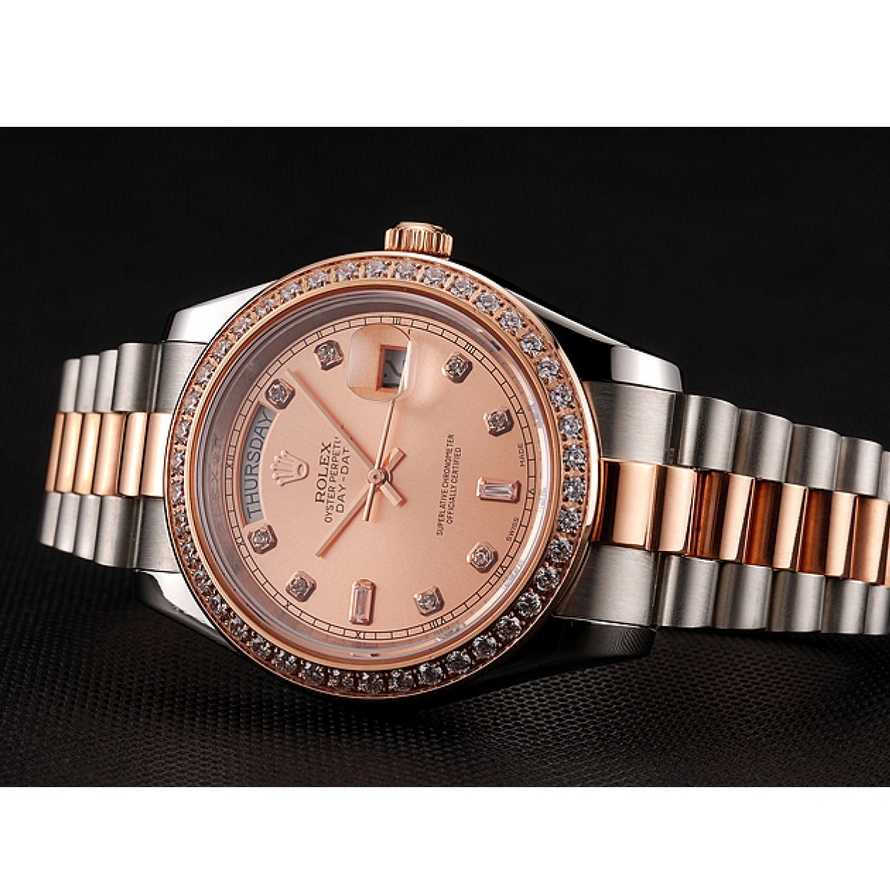 AAA Replica Watches Day-Date Bracelet Steel Rose Bezel Diamonds 1454107 And Swiss Rolex Gold Staineless 0718